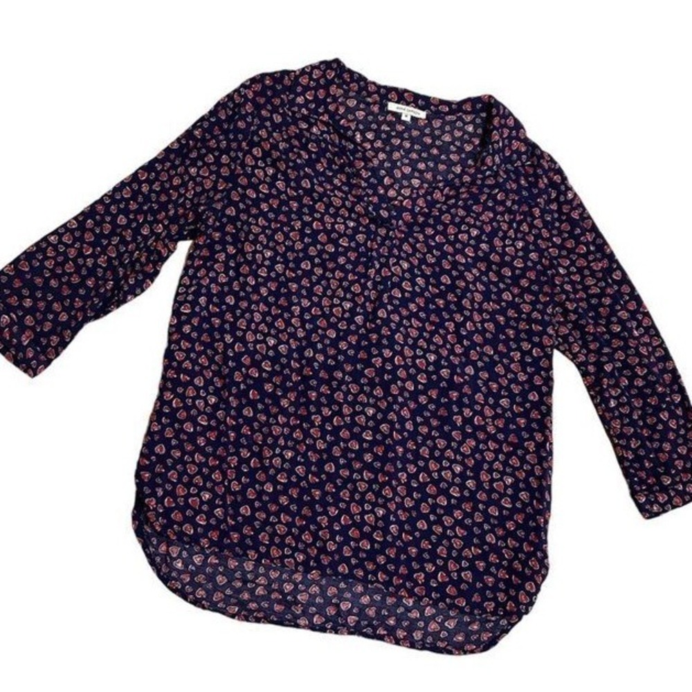 Valentine 3/4 sleeve‎ V neck heart print popover top medium Blue red Whimsy